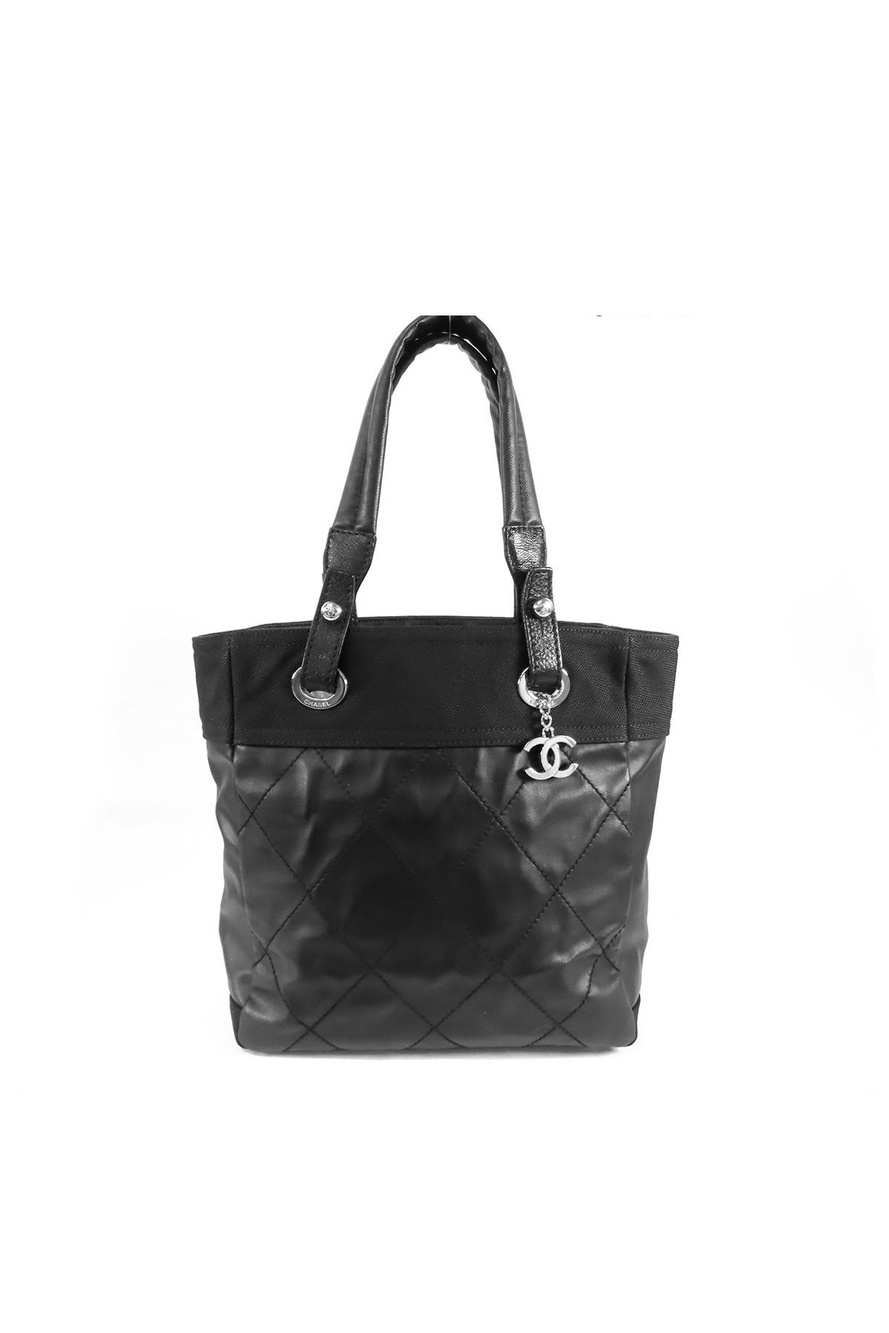 Chanel Paris Biarritz PM Black Silver Nylon Tote Bag